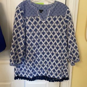 Talbot cotton voile tunic top in blue n white